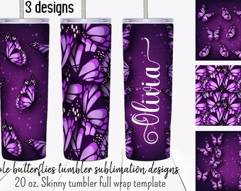 Diseños de sublimación de vaso Purple Butterfly.  Plantillas de envoltura completa de vaso delgado de 20 oz