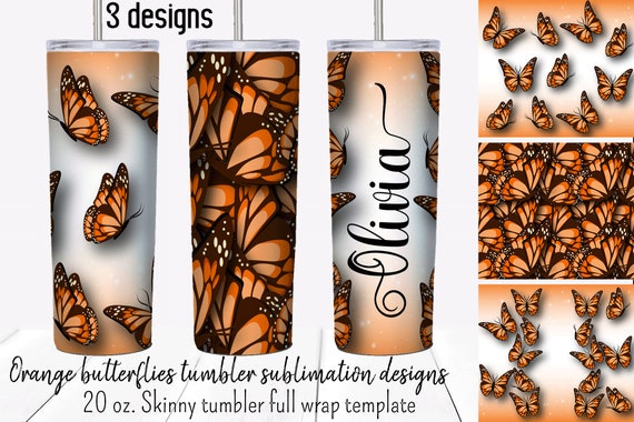 Orange Butterfly  tumbler sublimation designs.  20 oz skinny tumbler  full wrap templates