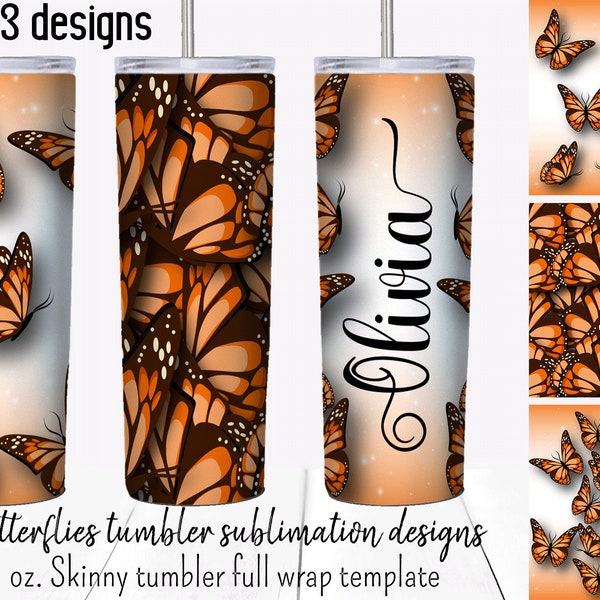 Orange Butterfly  tumbler sublimation designs.  20 oz skinny tumbler  full wrap templates