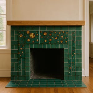 May include: A green tiled fireplace with a wooden mantel. The tiles are a deep green with a pattern of yellow and orange floral designs. The fireplace opening is black, and the hearth is tiled in matching green.