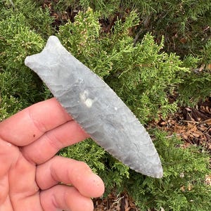 Puede incluir: Una punta de flecha de piedra gris con una punta puntiaguda y una base ligeramente curvada. La punta de flecha se sostiene en una mano contra un fondo de follaje verde.