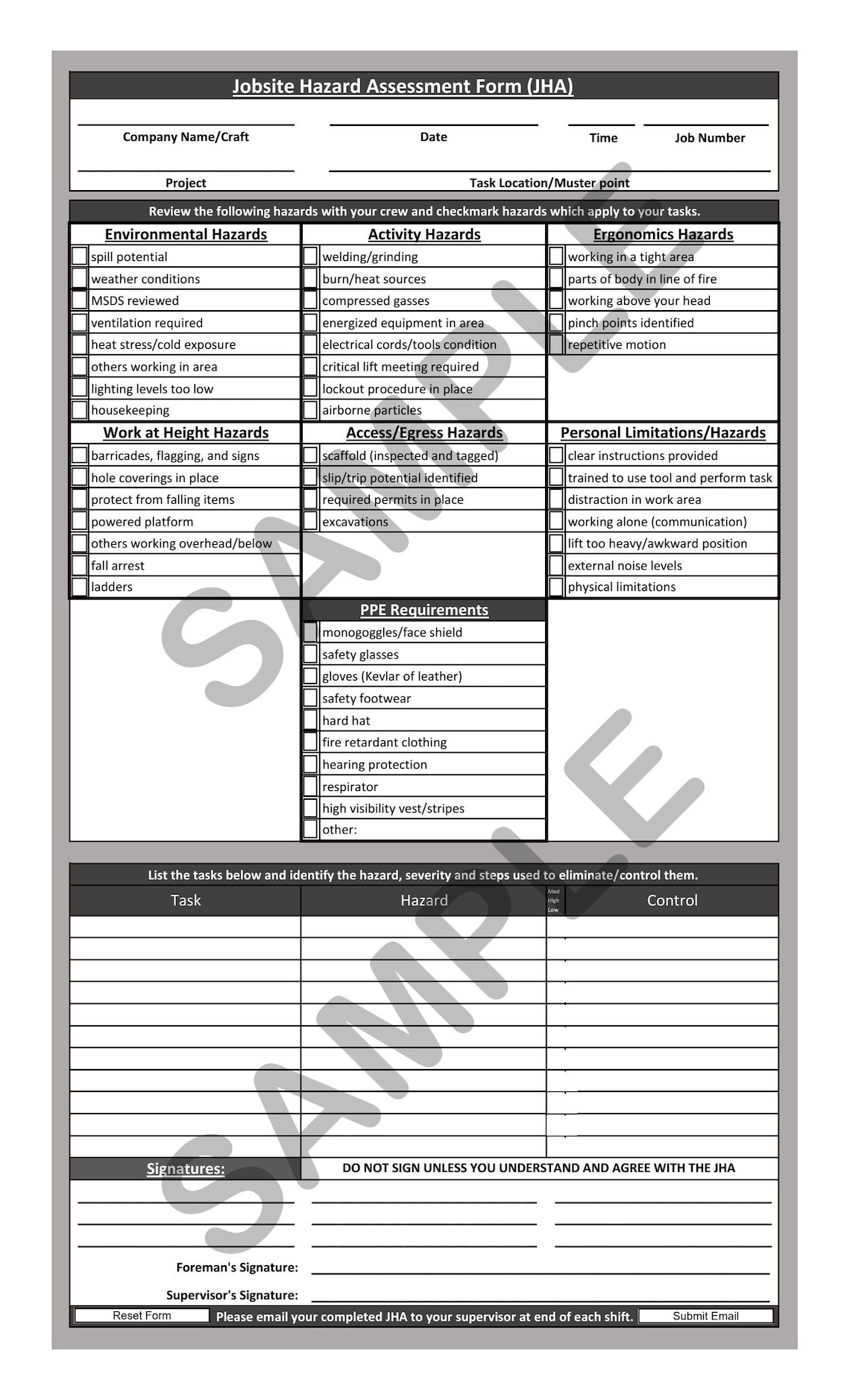 Jobsite Hazard Assessment JHA Form Fillable PDF - Etsy