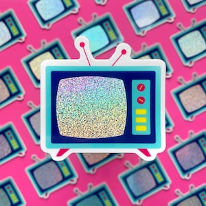 TV Sticker | vinyl waterproof sparkly holographic decal for laptop, planner, water bottle | television sticker, retro tv, vintage tv, static