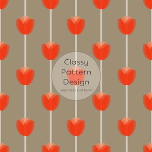 May include: A seamless pattern design featuring vertical light gray lines and repeating orange tulip-shaped icons on a taupe background. A circular overlay in the center displays the text Classy Pattern Design seamless patterns in dark gray.