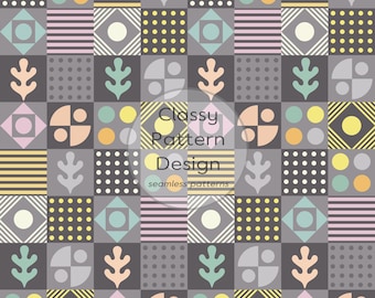 Geometrisches, nahtloses Muster, Schachbrettmuster, Grau-Rosa-Mint, verschiedene Formen, Bastelstoff- und Papierdruck (Digitaler Download)