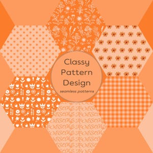 Hexagon Seamless Pattern, Orange Color, Patchwork Style, Flowers Dots Checker Letters Patterned, Crafts Fabric Print (Digital Download)