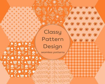 Nahtloses Sechseckmuster, orange Farbe, Patchwork-Stil, Blumen-, Punkt- und Schachbrettmuster, Stoffdruck für Bastelarbeiten (Digitaler Download)