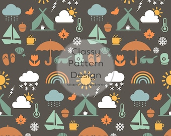 Nahtloses Wettermuster für vier Jahreszeiten, Sonne, Wolken, Regen, Schnee, Salbeigrün, Orange, Grau, Bastelstoff- und Papierdruck (Digitaler Download)