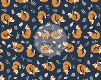 Sleeping Fox Seamless Pattern, Navy Beige, Clothes Bedding, Home Decor Fabric Print (Digital Download)