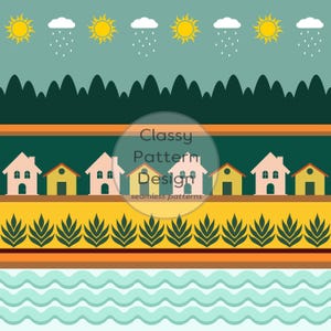 May include: A seamless pattern design featuring horizontal bands of yellow suns and white rain clouds, a dark green forest silhouette, a row of alternating pink and yellow houses, a band of dark green leaves, and light blue wavy water lines.