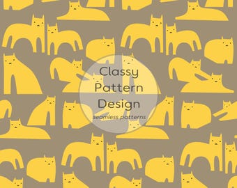 Cats Seamless Pattern, Pet Supplies, Crafts Fabric Print, Yellow Beige, Clothes and Bedding, Home Decor (Digital Download)