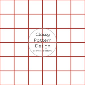 Puede incluir: Un fondo blanco con una cuadrícula de líneas rojas finas que forman cuadrados uniformes. En el centro, un círculo gris contiene el texto gris oscuro Classy Pattern Design y el texto más pequeño seamless patterns debajo en fuente sans-serif.