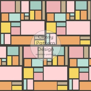 Puede incluir: Un diseño de patrón geométrico con formas rectangulares y cuadradas en tonos pastel de rosa, amarillo, naranja y turquesa, delineadas en gris oscuro. El diseño incluye el texto "Classy Pattern Design" y "seamless patterns".