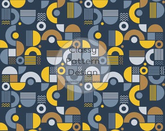 Geometrisches abstraktes nahtloses Muster, Marineblau, Gelb, Beige, verschiedene Formen, Kleidung, Bettwäsche, Bastelarbeiten, Stoff- und Papierdruck (Digitaler Download)