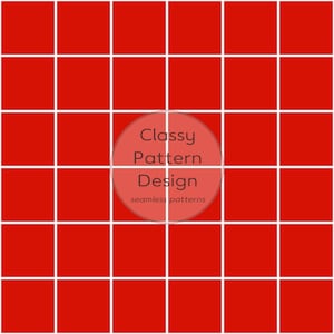 Puede incluir: Un patrón de cuadrícula rojo vibrante con líneas blancas finas que forman cuadrados uniformes en toda la superficie. Centrado en el medio hay una superposición circular que contiene el texto gris oscuro Classy Pattern Design y seamless patterns.