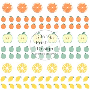 Op de afbeelding: Een naadloos patroonontwerp met rijen sinaasappelschijfjes, hele sinaasappels, appelhelften, hele appels, citroenschijfjes en hele citroenen. De tekst Classy Pattern Design seamless patterns staat gecentreerd in een cirkel over de iconen.