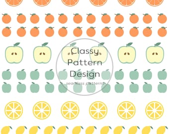Fruits Seamless Pattern, Horizontal Line, Orange Apple Lemon, Yellow Mint, Fabric Print (Digital Download)