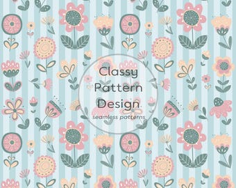 Nahtloses Muster mit floralen Streifen, rosa Blumen, hellblaue und weiße Streifen, für Kleidung, Bettwäsche, Bastelarbeiten, Stoff- und Papierdruck (Digitaler Download)
