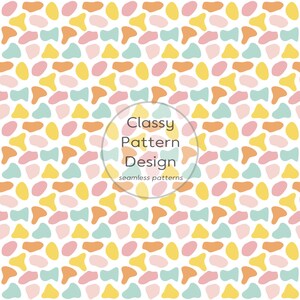 May include: A seamless pattern design featuring abstract shapes in pastel colors: yellow, orange, pink, and teal, on a white background. The text "Classy Pattern Design" is in a circle, with "seamless patterns" below.