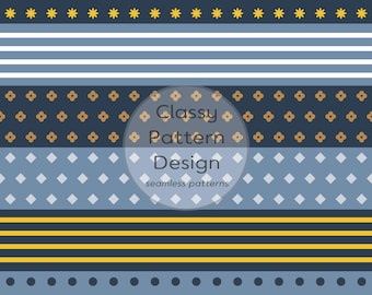 Striped Seamless Pattern, Flower, Rhombus, Dot Shapes, Navy Yellow Beige, Fabric Print (Digital Download)
