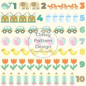 Könnte beinhalten: Ein farbenfrohes Musterdesign mit Illustrationen von Tieren, Spielzeug und Schulmaterialien. Es zeigt einen Wal, Elefanten, Schildkröten, Trommeln, Babyflaschen, Autos, Bälle, Enten, Tulpen und Bleistifte, sowie die Zahlen 1 bis 10.