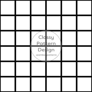 Puede incluir: Un patrón de cuadrícula en blanco y negro que consiste en formas cuadradas uniformes. Centrado en la imagen hay una superposición circular que contiene el texto Classy Pattern Design y el texto más pequeño seamless patterns en una fuente sans-serif.
