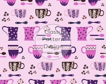 Coffee Cup Seamless Pattern, Crafts Fabric Print, Purple Pink, Kitchen Dining Room Decor(Digital Download)