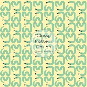 May include: A seamless pattern featuring stylised light green snakes on a pale yellow background. The snakes are arranged in a repeating grid, each with a black eye and a black forked tongue. A circular overlay contains the text Classy Pattern Design.