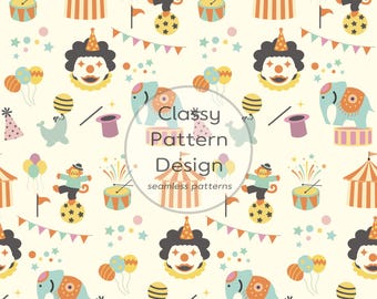Circus Seamless Pattern, Pastel, Clown, Kids Clothes Bedding, Stationery, Paper, Fabric Print,  (Digital Download)