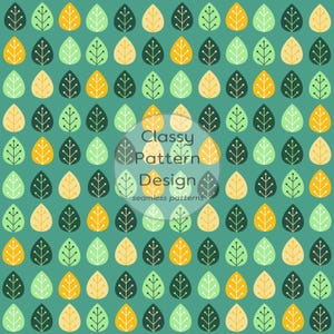 May include: A seamless pattern design featuring rows of stylized leaves in shades of yellow, green, and dark green on a teal background. The text "Classy Pattern Design" is overlaid on the image.