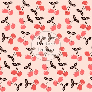 Pode incluir: Um padrão sem costura com cerejas estilizadas em tons de vermelho e rosa, com caules e folhas marrons escuros, sobre um fundo rosa claro. O design inclui o texto "Classy Pattern Design" e "seamless patterns".