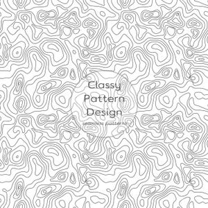 May include: A seamless, black and white topographic pattern design. The design features swirling, organic lines that create a map-like effect. The text "Classy Pattern Design" and "seamless patterns" is visible in the image.