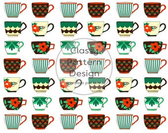 Coffee Cups Seamless Pattern, Red Brown Green, Kitchen and Dining Room Decor Fabric, Crafts Paper Print (Digital Download)