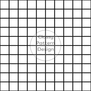 May include: A black and white grid pattern consisting of uniform square shapes. Centered in the image is a circular outline containing the text Classy Pattern Design and the smaller text seamless patterns in a simple sans-serif font.
