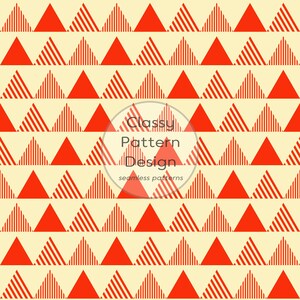 Puede incluir: Diseño de patrón sin costuras con triángulos rojos, algunos a rayas, sobre un fondo crema. El diseño incluye el texto "Classy Pattern Design" y "seamless patterns".