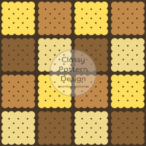 May include: A repeating pattern of square-shaped biscuits in shades of yellow and brown, each with small dark brown dots. The biscuits are arranged on a dark brown background. The text "Classy Pattern Design" is overlaid on the image.