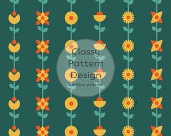 Nahtloses Muster mit floralen Streifen, Grün-Orange, kleine Blumen, Kleidung, Bettwäsche, Bastelarbeiten, Stoff- und Papierdruck (Digitaler Download)
