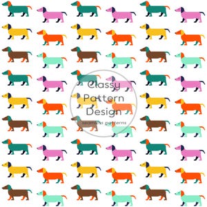 Motivo senza cuciture con cuccioli di bassotto colorati, vivaci colori arcobaleno, stampa su tessuto per accessori per cani (download digitale)