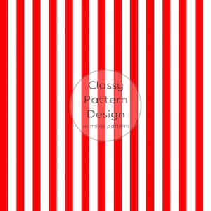 May include: Vertical red and white striped pattern. The image features a repeating design of bold red stripes alternating with white stripes. A transparent circle in the center contains the text "Classy Pattern Design" and "seamless patterns".