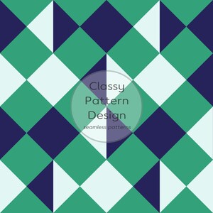 Könnte beinhalten: Ein nahtloses Musterdesign mit einem sich wiederholenden geometrischen Rautenmuster in Türkis, Marineblau und Weiß. Das Design enthält den Text "Classy Pattern Design" und "seamless patterns" in einem kreisförmigen Overlay.