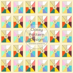 May include: A seamless pattern featuring a grid of rectangular blocks on a pale yellow background. Each block contains a central circle divided into eight segments, surrounded by triangles in various colours including red, blue, green, and yellow. Text reads Classy Pattern Design seamless patterns.