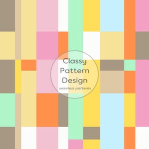May include: A colorful seamless pattern design with rectangular shapes in pastel colors including pink, yellow, blue, green, orange, and brown. The text "Classy Pattern Design" is in a white circle, with the words "seamless patterns" below.