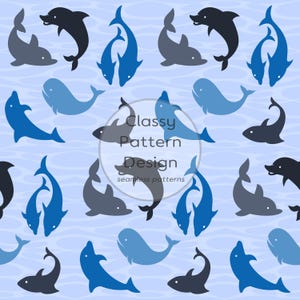 May include: A seamless pattern design featuring stylized dolphins in shades of blue and gray against a light blue background. The design includes the text "Classy Pattern Design" and "seamless patterns".