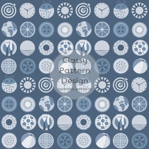 May include: A seamless pattern design featuring a grid of light blue circular icons on a dark blue background. The icons depict various objects including clocks, ladybugs, suns, targets, buttons, fruit slices, donuts, waffles, and cutlery.