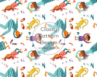 Napping Family Seamless Pattern, Hand-Drawn Illustration, Kids, Home Decor Fabric Print(Digital Download, 300DPI)