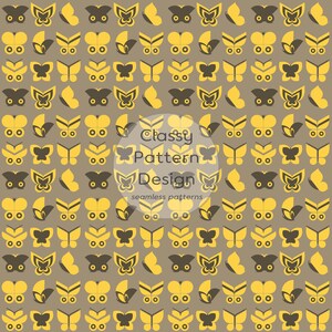 Puede incluir: Patrón repetitivo de mariposas amarillas y marrón oscuro sobre un fondo beige. Las mariposas están estilizadas con varias formas de alas. La imagen incluye el texto "Classy Pattern Design" y "seamless patterns" en un diseño circular.