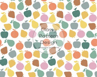 Nordic Fruits Seamless Pattern, Geometric Patterned, Crafts Fabric Print, Rainbow White Colors, Clothes and Bedding (Digital Download)