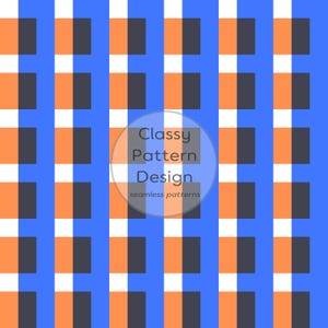 May include: A seamless pattern design with a blue background and a grid of orange, white, and dark gray rectangles. Vertical blue stripes intersect with the rectangles. The text "Classy Pattern Design" is in a transparent circle.