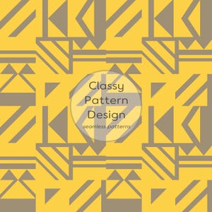 Könnte beinhalten: Ein nahtloses Musterdesign mit einer sich wiederholenden geometrischen Anordnung aus grauen Dreiecken und Linien auf einem hellgelben Hintergrund. Ein kreisförmiges Overlay in der Mitte zeigt den Text Classy Pattern Design seamless patterns.