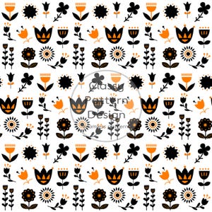May include: A seamless pattern featuring a repeating arrangement of stylized black and orange flowers on a white background. The design includes various floral shapes, including tulips and daisies. The text "Classy Pattern Design seamless pattern" is centered.